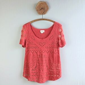 Anthropologie Deletta Red Lace Sheer Mesh Tee Blouse Size Medium